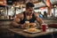 Placeholder: A hyper-realistic ,handsome very muscular Latino man wearing nerdy sleeveless shirt eating at a burger joint, simetric body, full body, Photo Real, HOF, full size, practicality,manufacturability,performance, (((realism, realistic, realphoto, photography, portrait, realistic, elegant, charming, apocalyptic environment, professional photographer, captured with professional DSLR camera, trending on Artstation, 64k, ultra detailed, ultra accurate detailed, bokeh lighting, surrealism, Thomas Kinkade