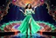 Placeholder: a very beautiful lady with makeup and curvy hair, wearing a pretty green jewelled long skirt with blouse and high heels, dancing over a modern stage with luxury metalic fractal recursive animating structures and dynamic color lights.3by 2