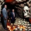 Placeholder: Saddam and George Bush in cave surrounded by skulls in the cave walls in hell fire