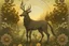 Placeholder: Tall standing deer centaur surrounded by foliage and flowers in a field with a rising sun in front of him