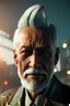 Placeholder: Old man Cyborg anime warrior, grey hair, trimmed grey goatee, brown eyes, waist up portrait, 4k resolution, intricate details, ornate details, soft lighting, vibrant colors, retroanime, futuristic cityscape background