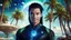 Placeholder: beautiful gorgeous young man na'vi with long hair, Avatar, blue skin, two small ears, green eyes, black hair, in cosmic suit, galactic ambiance, medium pointy goatee , smiling, with spaceship and planets and palm trees and clear crystaline cosmic beach in background