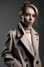 Placeholder: an image of a female model in a beige wool coat. light grey background. fashion style photo