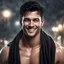 Placeholder: Hyper realistic extremely handsome muscular short black hair man smiling & wearing a black towel at rainy night