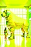 Placeholder: humans obey front of the huge yellow-white big dog, myistic atmhosphare. Realistic, render, 4k