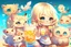 Placeholder: cute blonde chibi girl with an iced cocktail surrounded with cute chibi animals (mostly cats) in sunshine