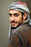 Placeholder: A young Palestinian man, forty years old, wearing a keffiyeh, has a beautiful face, turns his face to the right, has a slight smile, his mouth is closed and his teeth are not visible, his eyes are looking to the left, he appears to be drawn with oil paints