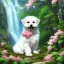 Placeholder: chiot bichon maltais blanc montrant son bout de langue rose entouré de cerisiers du japon et une cascade d'eau lumineuse