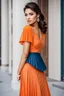 Placeholder: fullbody shot of young-beautiful-ozbek-with-a-perfect-face-with-make-up-wearing-orange top and midi pleated blue skirt