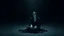 Placeholder: A solitary woman sitting alone in an endless void of darkness, pale skin, large hollow dark eyes with deep shadows underneath, wearing tattered black robes, empty expression, staring into nothingness. Only a faint circle of dim light surrounds her. Absolute loneliness, emotional emptiness, existential despair, abandonment, silence, vast darkness consuming everything beyond the light. No other people, no faces, no eyes, no creatures, no monsters, no silhouettes, no figures in the shadows, no watc