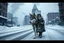 Placeholder: long shot panoramic of post-apocalyptic street in an empty destroyed crumbling smoking city, post-apocalyptic winter dystopia, large husky dog walking beside a little girl dressed in steampunk snow goggles, head-wrapping, and heavy robes; winter, freezing, massive snow drifts, snow and ice particles, dramatic