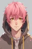 Placeholder: An anime man with messy short pink hair and narrow gold eyes wearing a hooded jacket Realistic.