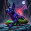 Placeholder: a lo high definition screen shot of a ancient comic book cover detailing the creatures found on other worlds, retrofuturistic, phototrealism, Macabre Rapture End of days Revelation scene, insanely detailed matte oil painting, sinner apotheosis, diagonal composition, abstract surreal horror, eerie, soothing, structured, hyperrealistic, a PURPLE AND ORANGE DOG, BIOLUMINESENT, IN A DARK CITY , HIGH DEF, VRAY, 8K 3Dsuped up 1979 corvette stationwagon green with black flames outlined with a thin red
