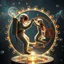 Placeholder: cifi recursive structures ,gears ,torus, crystal spheres in a galaxsy background,a Astronaut couple dancing