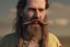 Placeholder: Happy braided long haired bearded tall man wearing gold rings and rugged long merchant's coat, medieval fantasy