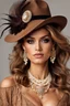 Placeholder: full body beautiful girl, elegant brown lace clothes of the 80s, luxury style, small elegant hat with feather, hair of the 80s, pearl necklace, earrings masterful, beautiful face