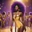Placeholder: [Boney M in action] In the center, a woman dances; her violet hair flows over dark skin like amethysts. Sensual and powerful, she captivates with each graceful movement. Clad in a shimmering golden swimsuit, she embodies disco beauty.