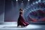 Placeholder: modern stage with gray-blue theme artistic decoration , color full dynamic lighting, a beautiful lady in modern maxy dark purple red dress with shining silver jwells dancing, 3D recursive fractal structure animating background