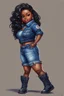 Placeholder: n this expressive oil painting illustration, we encounter a chibi cartoon rendition of a voluptuous black female exuding confidence and style. She stands proudly in her blue jean outfit, the denim fabric hugging her curves in all the right places. Her attire is completed by a pair of sleek biker boots, adding a touch of edginess to her ensemble. The character's face is adorned with prominent makeup, enhancing her features with bold colors and sharp lines. Her hazel eyes sparkle with a hint of m