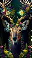 Placeholder: beautiful white man deer with big horns made from beautiful colorfully flowers and gold flower pattern on face, front facing dark smooth colors, forest green background,