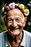 Placeholder: old man with bald head with flowers on head and happy