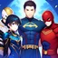 Placeholder: anime style, 3 boy superheroes in costumes, high quality, detailed.