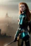 Placeholder: ultrarealistic, concept art, panoramic, ruined city,__intricate fantasy armor__, no star, __angles__, 18 year old woman, strikingly beautiful,ginger hair, _colour_, (pale __skincolor__ skin:1.2), __camera__, long hair, detailed face and eyes, medium breasts, sci-fi theme, freckles, dynamic pose, resolved expression, __accessory__, strappy outfit, (straps:1.1), sword in scabbard on left hip, (buckles, buttons, snaps, rings:1.0), haltertop style breastplate, detailed eyes, plump lips