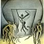 Placeholder: drawn in single line by Nicolai Blatter with hatch with parallel wavy lines metal engraving with african man dance procession in salvador dali style or picasso style