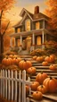 Placeholder: a painting of a house with pumpkins on the steps, october, by Pamela Ascherson, cozy home background, oct, ( ( thomas kinkade ) ), style of thomas kinkade, thomas kinkade style painting, by Terry Redlin, autumn background, style thomas kinkade, autumn season, thomas kinkade painting, jack-o-lanterns