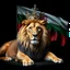 Placeholder: Create A hyper-realistic highly detailed image of a majestic lion lying down, wearing a royal crown. The lion's fur should be rich and textured, with a regal and powerful presence. Behind the lion, the flag of the Republic of Bulgaria waves gracefully, its white, green, and red colors vivid and well-defined. The background should be an elegant, deep black, creating a striking contrast that enhances the grandeur of the lion and the flag. The lighting should be dramatic, with