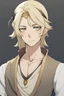 Placeholder: "Draw an Arab anime man character in the style of the anime 'Vanitas.' The character has blonde hair, fair skin, wears simple Arab clothing, has beautiful and lively features, and is slightly larger in size."