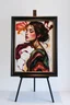 Placeholder: A framed picture of a women painted with Liquid abstract painting, worm colors Stand,