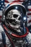 Placeholder: A close up of a skeleton face in an astronaut helmet and suit floating in space. inside the hollow eyes are red shining lights, scary. On his suit is an American flag and in his one hand is a small wavering American hand flag. From the back of his suit is blowing out blue, white and red smoke. Realistic, 8k, highly detailed, funny