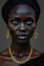 Placeholder: Portrait of a very black African woman with blue eyes dressed in pure black with a touch of gold necklace and earrings