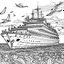 Placeholder: outline art for a majestic cruise ship sailing across calm waters, with passengers waving from the decks and seagulls flying overhead coloring pages for kids , white background,only use outline, clean line art, white background, no shadows and clear and well outlined,showing a natural scene