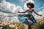 Placeholder: The camera zooms in, focusing sharply on young black girl Lily wearing pretty dress as she dances gracefully in the same romantic environment with flowers and sky with nice clouds. Her joy and youth are presented against the backdrop of the surreal surroundings.