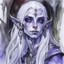 Placeholder: dnd, fantasy, watercolour, large strokes, stylistic, portrait, illustration, dull colours, woman, dark elf, drow, face, narrow long face, cruel face, cold demeanor, purple eyes, piercing eyes, vicious expression, white hair, very long hair streaming down the shoulders, lush hair, elegant, short small mouth, cruel smile