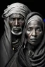 Placeholder: a photo of an Tuareg man and woman with ethnic jewelry, grey hair and grey flowing robe, in style of Annie Leibovitz, contemporary portrait of a mature yet beautiful and modernist, black and grey, detailed face, swirling fluid smokey enigma, award-winning artwork