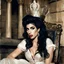 Placeholder: [vintage style noisy scratches glitches, Shot the texture and then rewound the film and double exposed the face] Amy Winehouse as the Queen of Judea in Jerusalem, on her throne in agent provocateur with no inhibition