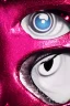 Placeholder: Extreme close-up of the eyes of a robot, soulless, gleaming metallic pink to metallic red, cyberpunk technopunk AbstractTech, rectangular