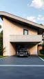 Placeholder: Modern villa 250m2 business class in Spain. House with a flat roof. Vintage car of the 90's under a carport. in the foreground paved driveway of dark shade. Polished concrete and metal on the facade. In the style of architect Tadao Ando. Ethnic style street decor, ceramics. front view. Small windows. Dark framing of the windows. Midday, clear sky, small clouds in the sky. gloomy vegetation, lush ornamental vegetation, wildflowers. Archdale style shot. Photorealistic. Cozy, elegant