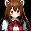 Placeholder: a close-up headshot of a chibi woman with long brown hair, red eyes, brown ferret ears, a mischievous expression, American clothes, intricately detailed, masterpiece