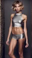 Placeholder: photography of a beautiful anorexic woman, silver satin top, sports illustrated, short wavy bob haircut, pronounced sternum