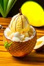 Placeholder: A tropical milkshake with a blend of coconut, pineapple, and mango, served in a coconut shell with a paper umbrella and a sprinkle of toasted coconut flakes.