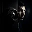 Placeholder: a man leaning against a keyhole, with a keyhole in his eye and a human eye in the keyhole, bizarre, surreal, darkmood