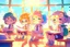 Placeholder: cute chibi holographic girls and boys sitting in the classroom in sunshine