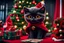 Placeholder: fluffy big eyed kitty sith lord and detailed Christmas tree with red and gold trimmings, beautiful star on top of tree, gifts underneath tree, toys underneath tree at the death star command room, cinematic eye view