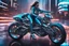 Placeholder: transparent glass blue shiny cyborg woman riding a transparent glass-metallic futuristic motorcycle, high cyber city background, high detailed, cyberpunk style, high contrast, dramatic low angle, full body visible, legs visible, the way with neon lights, sharp focus, perfect composition, measterpiece