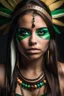 Placeholder: Beautiful girl with rainbow eyes, warrior, Native American, green and gold eyes, strong, sad, resilient, full body tough stance, photo-real