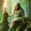 Placeholder: romantic fantasy spray painting, portrait of cute smiling green eyed robed elf poet with cute ornament,sitting on a branch, loosing torch in magical forest by waterfall